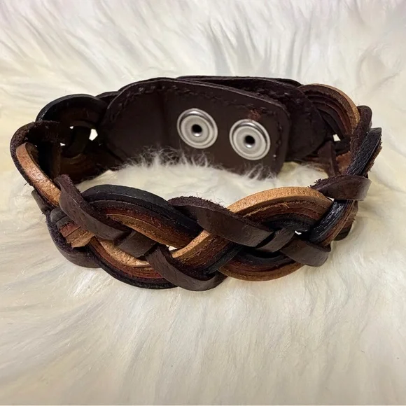 Brown multi tone Braided Leather Bracelet - Picture 3 of 6